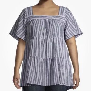 Terra and Sky Square Neck Fluttered Sleeve Blue Tiered Tunic 4X (28W-30W) NEW